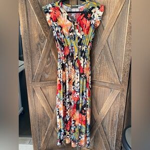 Size Medium Gorgeous Tropical Midi Stretch Waist Floral Black Red Dress